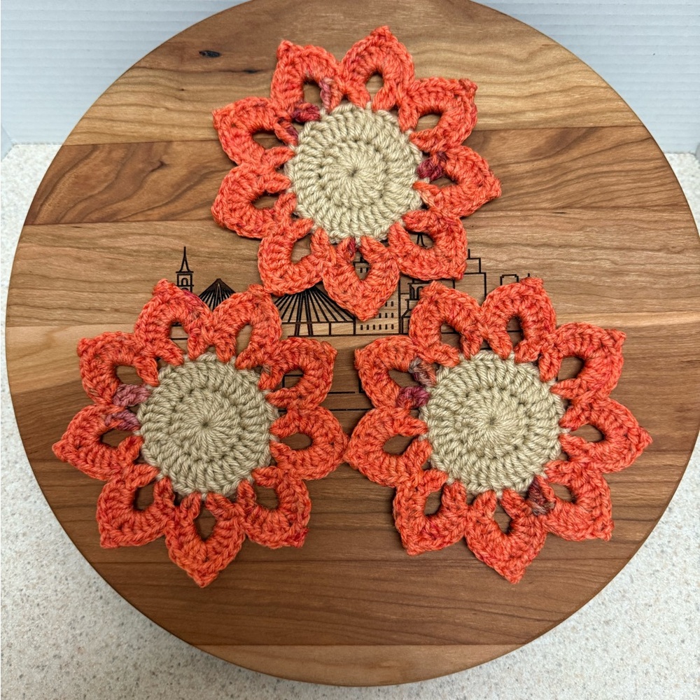 Handmade Orange and Beige Crochet Coasters set of 3